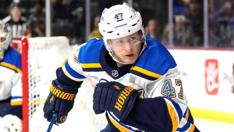 St. Louis Blues defenceman Torey Krug (47) in the first period during an NHL hockey game against the Arizona Coyotes, Wednesday, Nov. 22, 2023, in Tempe, Ariz. (Rick Scuteri/AP)