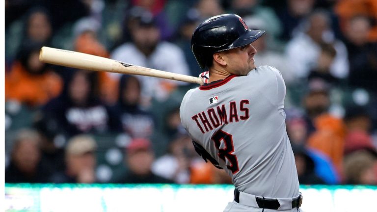 Cleveland Guardians' Lane Thomas bats against the Detroit Tigers during the fourth inning of a baseball game Thursday, May 22, 2025, in Detroit. (Duane Burleson/AP)
