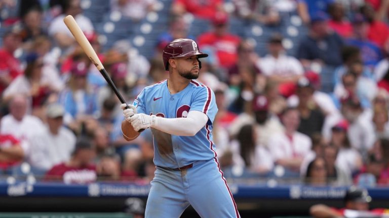 Philadelphia Phillies' Rafael Marchán plays during the first baseball game of a doubleheader Thursday, May 29, 2025, in Philadelphia. (Matt Slocum/AP)