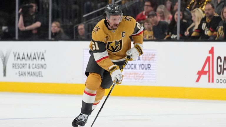 Vegas Golden Knights right wing Mark Stone (61) plays against the Nashville Predators in an NHL hockey game Saturday, April 12, 2025, in Las Vegas. (John Locher/AP)
