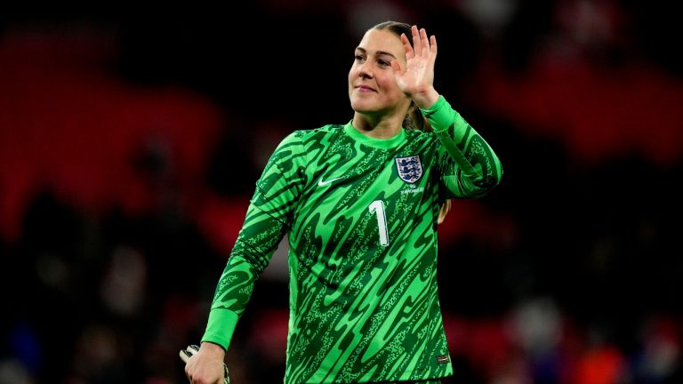 England's Mary Earps waves to supporters after the International friendly women soccer match between England and United States at Wembley stadium in London, Saturday, Nov. 30, 2024. (Kirsty Wigglesworth/AP)