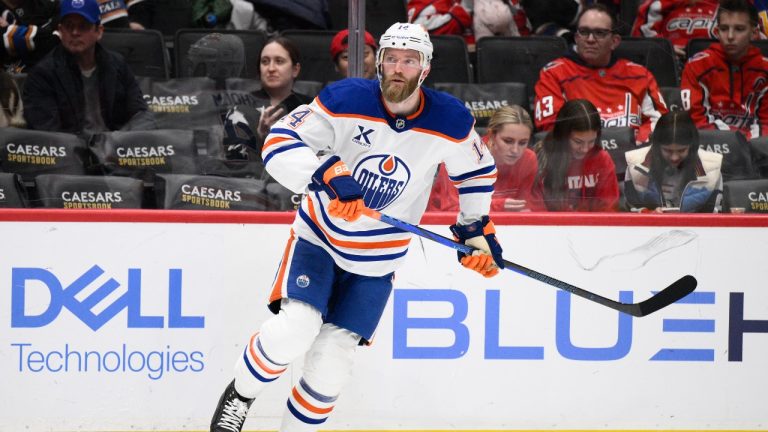 Edmonton Oilers defenceman Mattias Ekholm (14) in action during the second period of an NHL hockey game against the Washington Capitals, Sunday, Feb. 23, 2025, in Washington. (Nick Wass/AP)