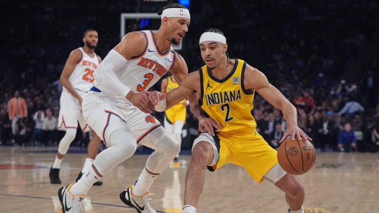 Indiana Pacers guard Andrew Nembhard (2) drives against New York Knicks guard Josh Hart (3) during the first quarter of Game 1 of the NBA basketball Eastern Conference final, Wednesday, May 21, 2025, in New York. (Frank Franklin II/AP Photo)
