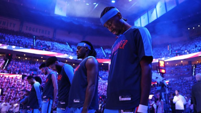 Oklahoma City Thunder guard Shai Gilgeous-Alexander (2), front, stands on the court before Game 5 of the Western Conference finals of the NBA basketball playoffs, Wednesday, May 28, 2025, in Oklahoma City. (Nate Billings/AP)
