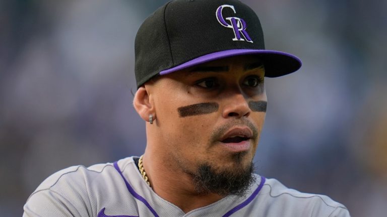 Colorado Rockies designated hitter Orlando Arcia (8) warms up before a baseball game against the Chicago Cubs, Wednesday, May 28, 2025, in Chicago. (Erin Hooley/AP)