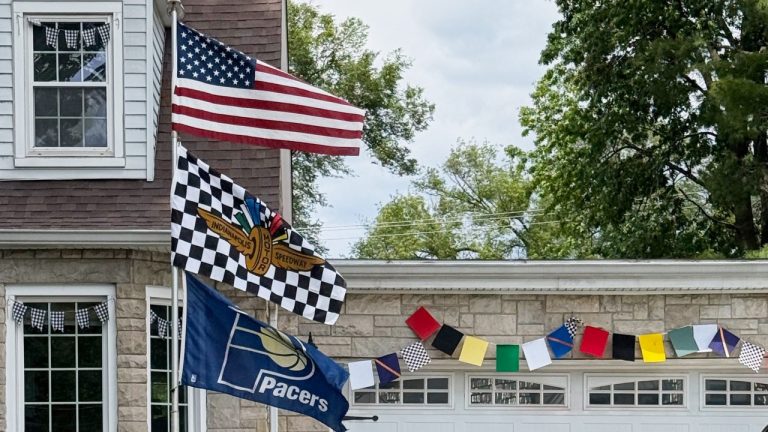 A house near the Indianapolis Motor Speedway is decked out in race gear for Sunday's Indianapolis 500 on Friday, May 23, 2025, in Indianapolis. (Mike Marot/AP Photo)