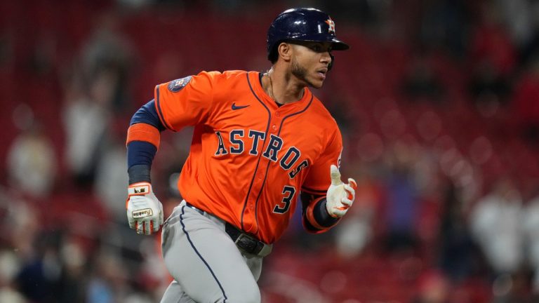 Houston Astros' Jeremy Pena rounds the bases after hitting a three-run home run during the ninth inning of a baseball game against the St. Louis Cardinals Monday, April 14, 2025, in St. Louis. (Jeff Roberson/AP)