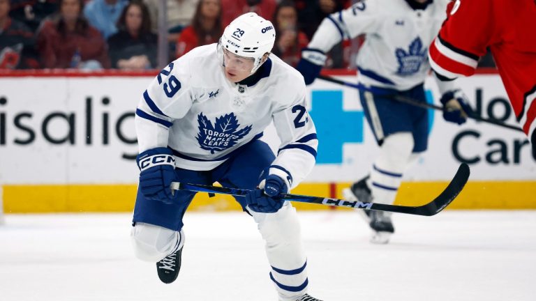 Toronto Maple Leafs' Pontus Holmberg (29) skates ready for the puck against the Carolina Hurricanes during the third period of an NHL hockey game. (Karl DeBlaker/AP)