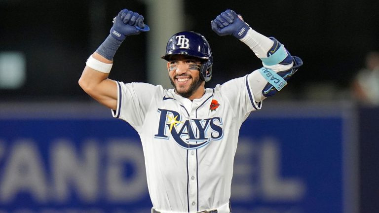 Tampa Bay Rays' José Caballero celebrates his two-run double off Minnesota Twins pitcher Kody Funderburk during the eighth inning of a baseball game Monday, May 26, 2025, in Tampa, Fla. (Chris O'Meara/AP)