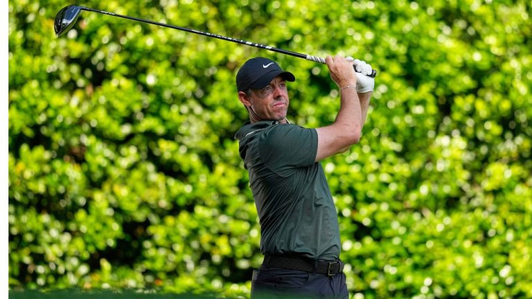 Rory McIlroy, of Northern Ireland, watches his tee shot on the 12th hole during the first round of the PGA Championship golf tournament at the Quail Hollow Club, Thursday, May 15, 2025, in Charlotte, N.C. (David J. Phillip/AP)