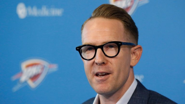 Oklahoma City Thunder general manager Sam Presti speaks to the media during a news conference Thursday, July 25, 2019. (Sue Ogrocki/AP)