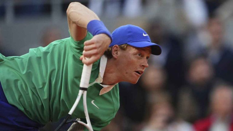 Italy's Jannik Sinner serves against France's Arthur Rinderknech during their first round match of the French Tennis Open, at the Roland-Garros stadium. (Lindsey Wasson/AP)