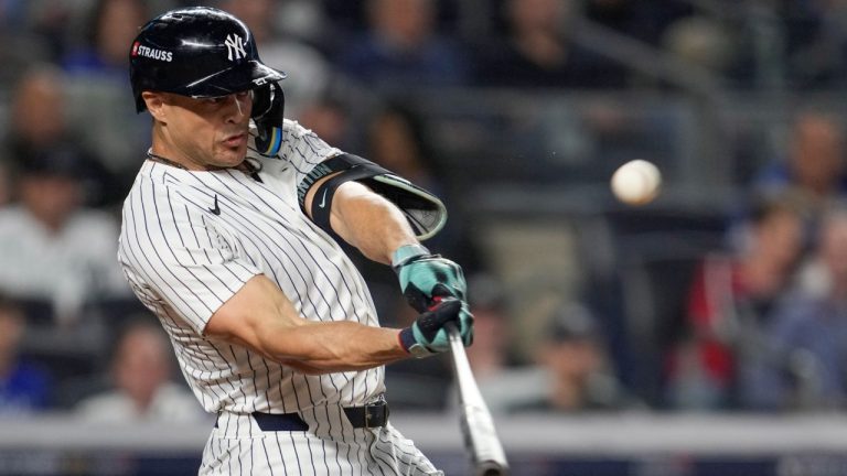 New York Yankees' Giancarlo Stanton hits a home run against the Los Angeles Dodgers during the third inning in Game 5 of the baseball World Series, Wednesday, Oct. 30, 2024, in New York. (Godofredo A. Vásquez/AP)