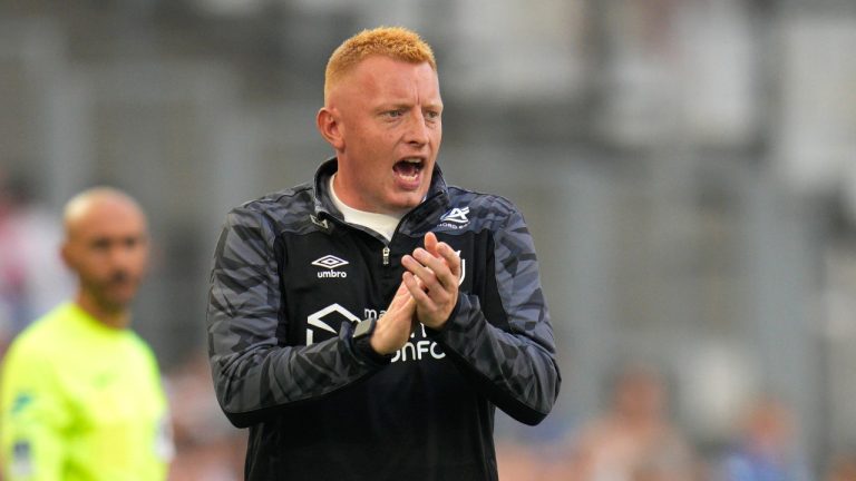 FILE - Then-Reims' head coach Will Still reacts during the French League One soccer match between Marseille and Reims at the Velodrome stadium in Marseille, France, on Aug. 12, 2023. (Daniel Cole/AP)