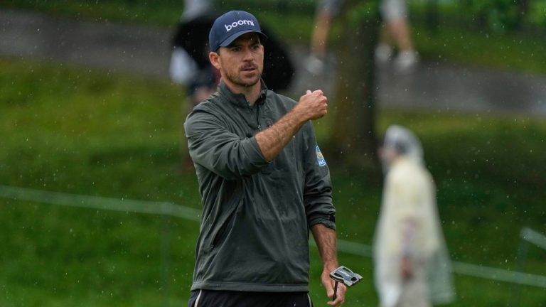 Nick Taylor gestures after his putt on the seventh green during the second round of the Memorial golf tournament, Friday, May 30, 2025, in Dublin, Ohio. (Sue Ogrocki/AP Photo)