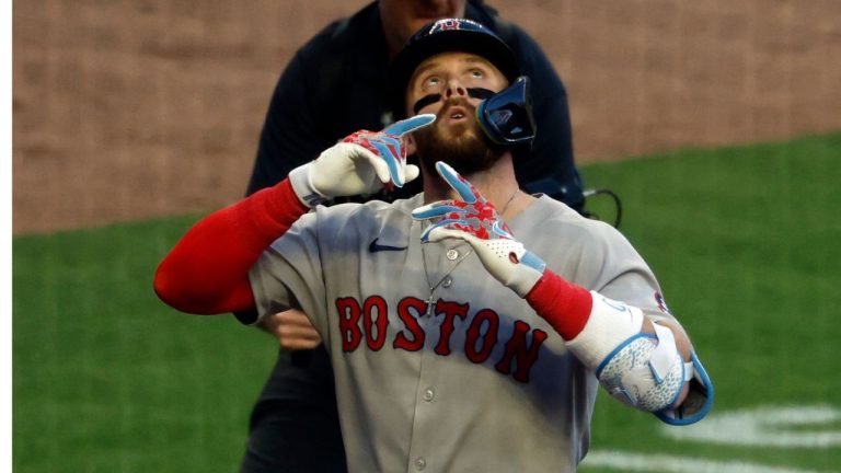 Boston Red Sox's Trevor Story reacts after hitting a two-run home run during the fourth inning of a baseball game against the Atlanta Braves, Friday, May 30, 2025, in Atlanta. (Butch Dill/AP)