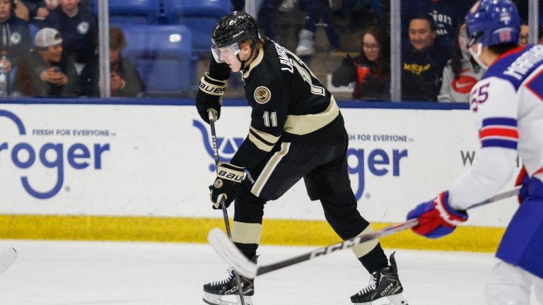 Tynan Lawrence of Muskegon gets ready to shoot the puck during a game between Muskegon Lumberjacks and USNTDP U17 at USA Hockey Arena on October 18, 2024 in Plymouth, Michi. (Michael Miller/ISI Photos/Getty Images)