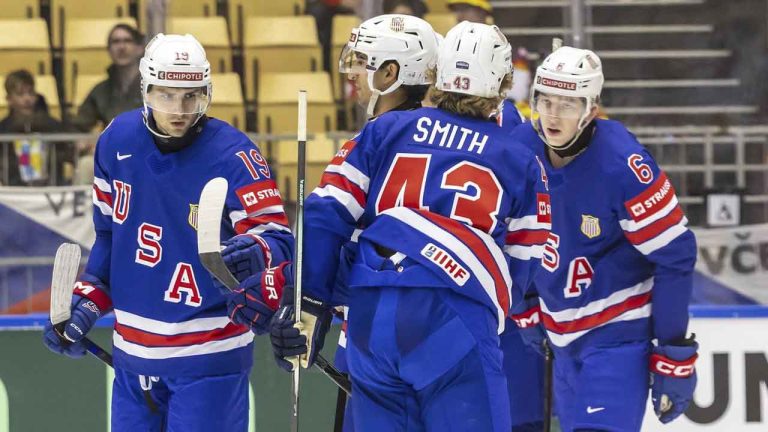 USA's forward Cutter Gauthier, left, celebrates his goal with his teammates, during the IIHF 2025 World Championship preliminary round group B game between USA and Hungary, at the Jyske Bank Boxen. (Salvatore Di Nolfi/AP)