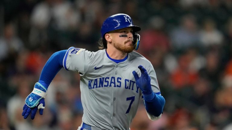 Kansas City Royals designated hitter Bobby Witt Jr. runs to first base during a baseball game against the Houston Astros in Houston, Monday, May 12, 2025. (Ashley Landis/AP)