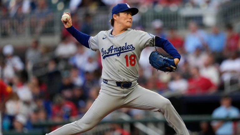 Los Angeles Dodgers pitcher Yoshinobu Yamamoto (18) works against the Atlanta Braves in the first inning of a baseball game, Friday, May 2, 2025, in Atlanta. (Mike Stewart/AP)