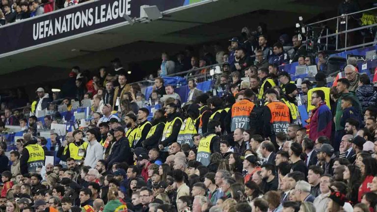 Match stewards form a line at the stands during the Nations League final soccer match between Portugal and Spain at the Allianz Arena in Munich, Germany, Sunday, June 8, 2025. (Martin Meissner/AP)
