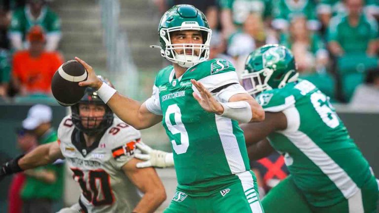 Saskatchewan Roughriders quarterback Jake Maier (9) throws against the BC Lions during the first half of CFL football action in Regina, Saturday, June 28, 2025. (Heywood Yu/CP)