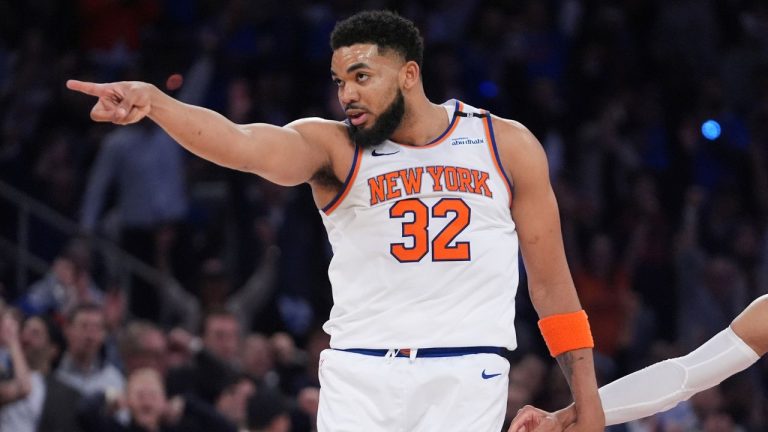 New York Knicks centre Karl-Anthony Towns (32) reacts during the fourth quarter of Game 1 of the NBA basketball Eastern Conference final against the Indiana Pacers, Wednesday, May 21, 2025, in New York. (Frank Franklin II/AP)