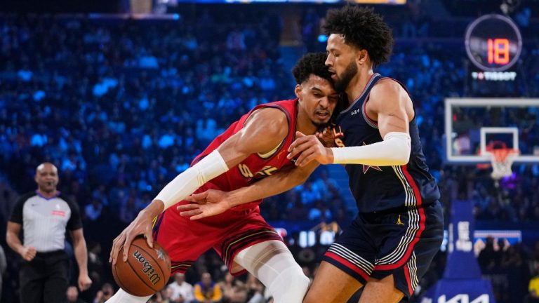 San Antonio Spurs centre Victor Wembanyama is defended by Detroit Pistons guard Cade Cunningham during the NBA All-Star basketball game Sunday, Feb. 16, 2025, in San Francisco. (Godofredo A. Vásquez/AP)