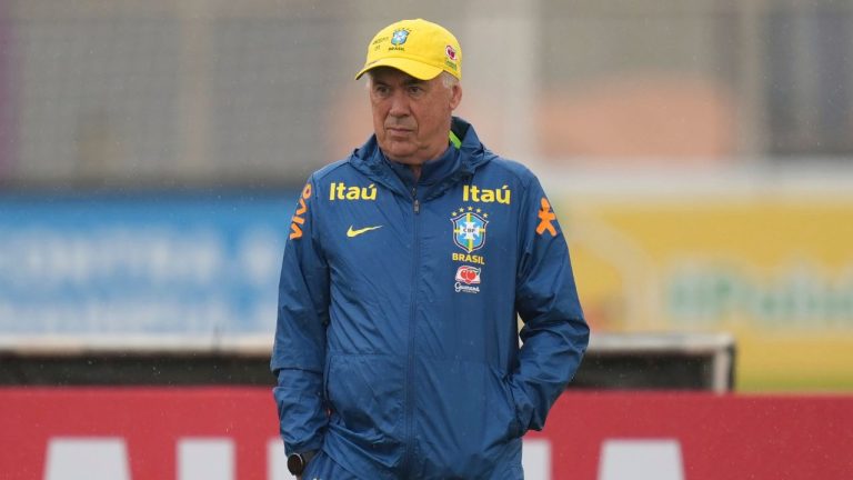 Brazil's coach Carlo Ancelotti leads a training session ahead of a World Cup 2026 qualifier soccer match against Ecuador in Sao Paulo, Tuesday, June 3, 2025. (Andre Penner/AP)
