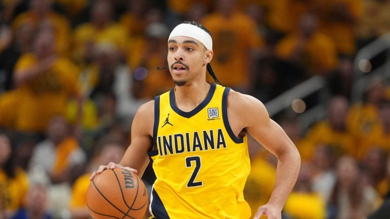 Indiana Pacers guard Andrew Nembhard plays during the first half of Game 4 of the Eastern Conference finals of the NBA playoffs in Indianapolis, Tuesday, May 27, 2025. (AP/Michael Conroy)