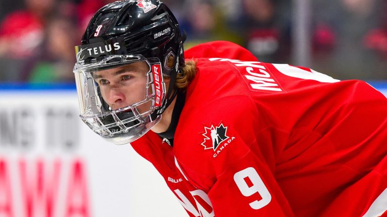 Gavin McKenna #9 of Team Canada awaits a face-off against Team Sweden during the preliminary round of the 2024 Hlinka Gretzky Cup at Rogers Place on August 07, 2024, in Edmonton, Alberta, Canada. (Photo by Leila Devlin/Getty Images)