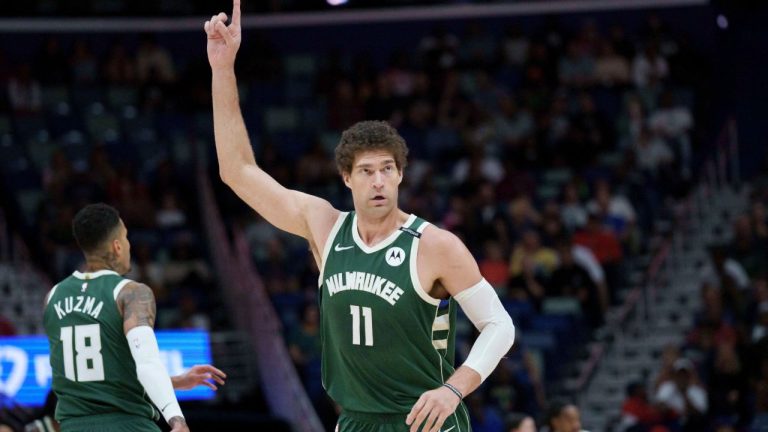 Milwaukee Bucks centre Brook Lopez (11) celebrates after a three-point basket against the New Orleans Pelicans during the first half of an NBA basketball game in New Orleans, Sunday, April 6, 2025. (Matthew Hinton/AP)