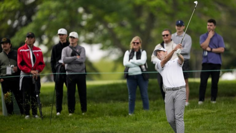 Canadian Myles Creighton makes a shot from the rough on the sixteenth hole during the second round of the Canadian Open in Toronto on Friday, June 9, 2023. THE CANADIAN PRESS/Andrew Lahodynskyj