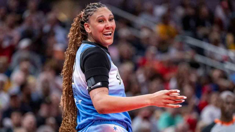 Chicago Sky centre Kamilla Cardoso (10) reacts to her teammates on the bench during a break in the second half of a WNBA basketball game against the Indiana Fever, Saturday, June 1, 2024, in Indianapolis. (Doug McSchooler/AP)