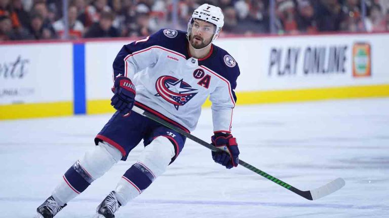 Columbus Blue Jackets' Sean Kuraly plays during an NHL hockey game, Saturday, Dec. 21, 2024, in Philadelphia. (Matt Slocum/AP)
