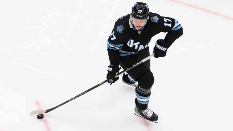Utah Hockey Club center Nick Bjugstad (17) skates the puck during the first period of an NHL hockey game against the Calgary Flames, Tuesday, April 1, 2025, in Salt Lake City. (Tyler Tate/AP)