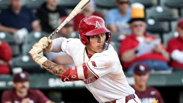 Arkansas batter Wehiwa Aloy (9) against Little Rock during an NCAA baseball game on Tuesday, April 22, 2025, in Fayetteville, Ark. (Michael Woods/AP)