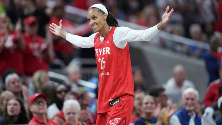 Indiana Fever forward DeWanna Bonner (25) reacts after moving into third place on the all time WNBA scoreres during an WNBA basketball game agaisnt the Chicago Sky in Indianapolis, Saturday, May 17, 2025. (AJ Mast/AP)