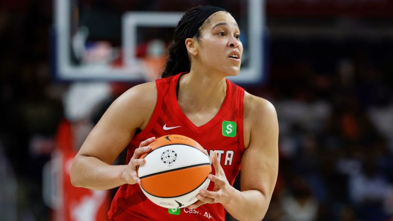 Atlanta Dream forward Brionna Jones controls the ball during the second half of a WNBA game against the Washington Mystics in Washington, Friday, May 16, 2025. (Terrance Williams/AP)