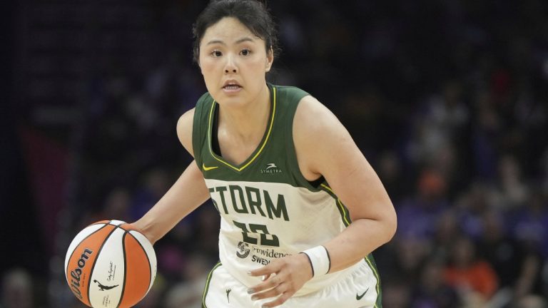 Seattle Storm center Li Yueru (28) during a WNBA basketball game against the Phoenix Mercury in Phoenix, Saturday, May 17, 2025. (AP Photo/Rick Scuteri)