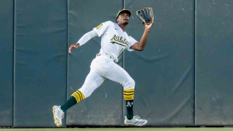 Athletics outfielder Denzel Clarke catches a fly to centre field during the third inning of a baseball game against the Philadelphia Phillies Saturday, May 24, 2025, in West Sacramento, Calif. (Sara Nevis/AP)