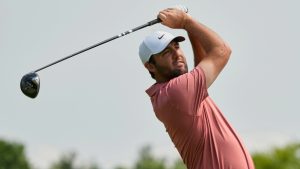 Scottie Scheffler hits from the fifth tee during the third round of the Memorial golf tournament Saturday, May 31, 2025, in Dublin, Ohio. (Sue Ogrocki/AP)