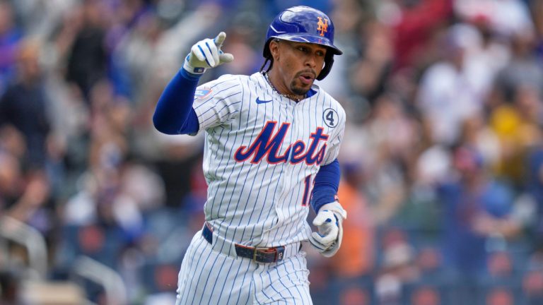 New York Mets' Francisco Lindor reacts after hitting a solo home run during the fifth inning of a game against the Colorado Rockies, Sunday, June 1, 2025, in New York. (Seth Wenig/AP)