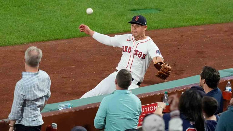 Boston Red Sox right fielder Rob Refsnyder can't get to a foul ball hit by Los Angeles Angels' Jo Adell in the sixth inning of a baseball game, Tuesday, June 3, 2025, in Boston. (Robert F. Bukaty/AP)
