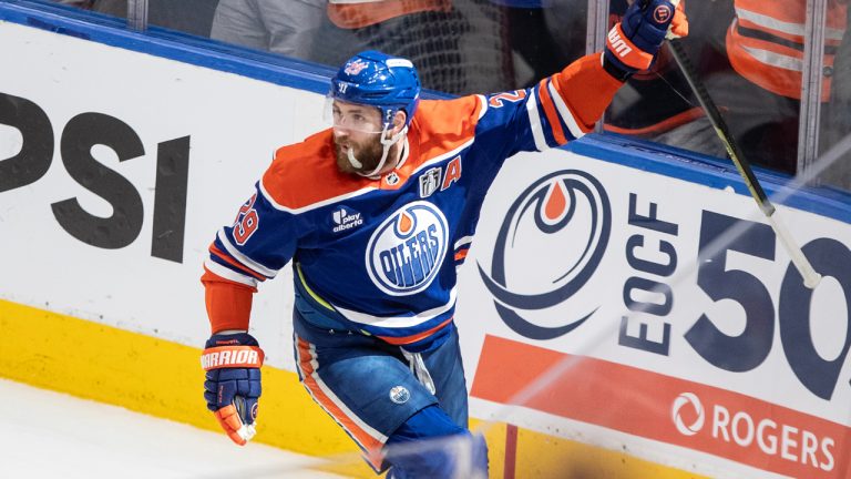 Edmonton Oilers' Leon Draisaitl celebrates a goal against the Florida Panthers during the first period in Game 2 of the NHL Stanley Cup final in Edmonton, Friday, June 6, 2025. (Jason Franson/CP)