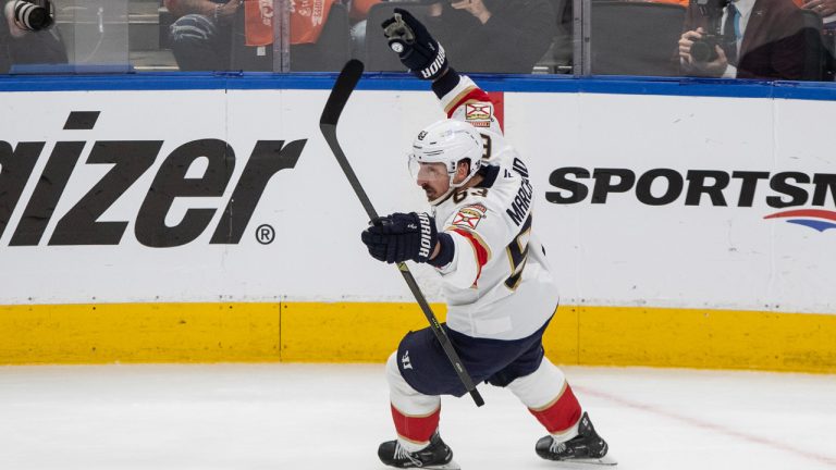 Florida Panthers' Brad Marchand celebrates a goal against the Edmonton Oilers during the second period in Game 2 of the NHL Stanley Cup final in Edmonton, Friday, June 6, 2025. (Jason Franson/CP)