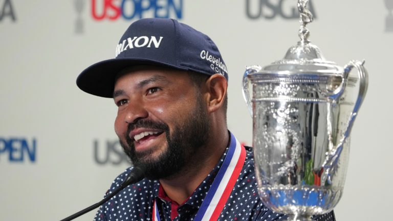 J.J. Spaun speaks during a news conference after winning the U.S. Open at Oakmont Country Club Sunday, June 15, 2025, in Oakmont, Pa. (Gene J. Puskar/AP)