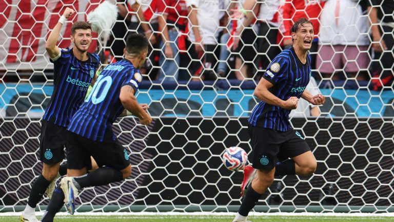 Inter Milan's Francesco Pio Esposito celebrates after scoring his team's first goal during the Club World Cup Group E match between Inter Milan and River Plate in Seattle, Wednesday, June 25, 2025. (Ryan Sun/AP)