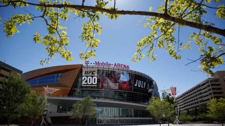A UFC 200 ad plays on a screen at T-Mobile Arena in Las Vegas, June 17, 2016. (John Locher/AP)