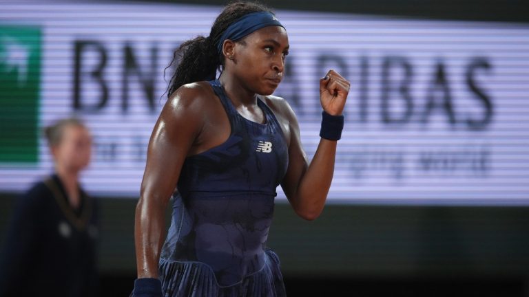 Coco Gauff of the U.S. reacts as she plays against France's Lois Boisson during their semifinal match of the French Tennis Open at the Roland-Garros stadium in Paris, Thursday, June 5, 2025. (Lindsey Wasson/AP)